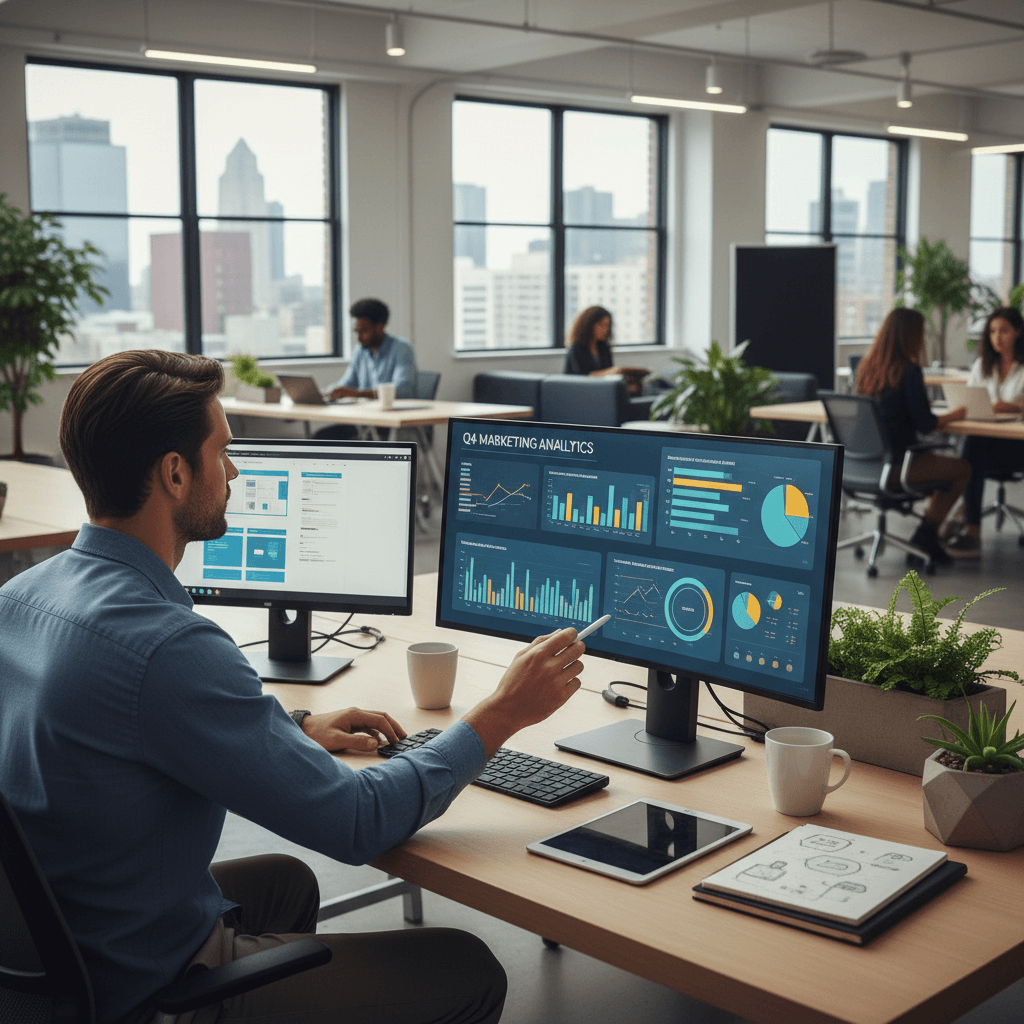 Marketing analyst reviewing performance metrics on a digital dashboard
